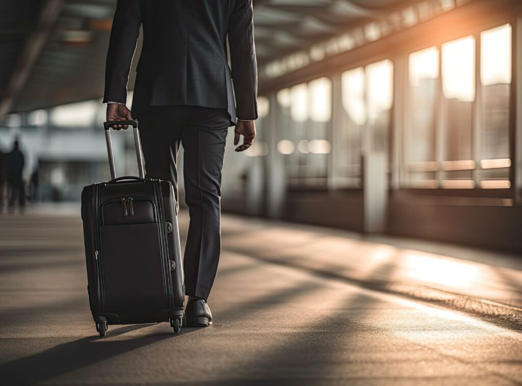 Homem com terno caminha no corredor de um aeroporto com a sua mala